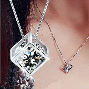 925 sterling sølv fashion square skinnende krystal damer'pendant halskæde smykker kvinder short box chain engros gave