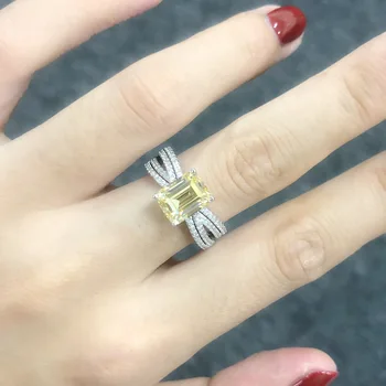 Ægte 925 Sterling Sølv 7x9mm Smaragd Cut Citrin Ædelsten Diamant Ring Bryllup forlovelsesringe For Kvinder Drop Shipping