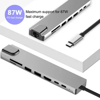 Otte-I-Én Type C Til HDMI-Rj45-USB3.0 TF PD 4K-Hub Udvidelse Dock Plug And Play-Aluminium Legering Hurtig Varmeafledning