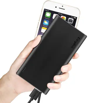 EasyAcc Ekstern Batteri 10000mAh Power Bank Lille Batteri til din Smartphone, Tablet Skifte Sort Grå med Lommelygte