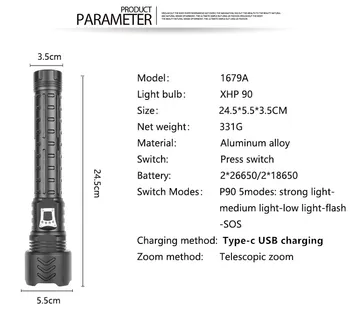 Mest Kraftfulde XHP90.2 LED Lommelygte USB-Genopladelige Taktisk Lommelygte Torch Zoomable Hånd Lys for Camping Vandring Lystfiskeri