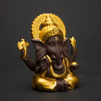 PINNY Lilla Ler Ganesha Mammon Statuer Budas Decoracion Estatua Mascot Håndværk Dekorativ Elefant Gud Hjem Dekoration