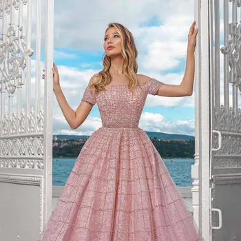 2021 Nye Luksus Pink Fra Skulder Aften Kjoler Lange Blonder, Tyl Crystal Sequined Formelle Princesse Bolden Kjole Tilpasset