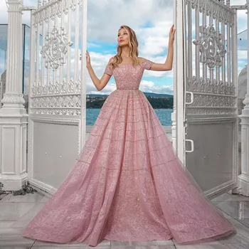 2021 Nye Luksus Pink Fra Skulder Aften Kjoler Lange Blonder, Tyl Crystal Sequined Formelle Princesse Bolden Kjole Tilpasset