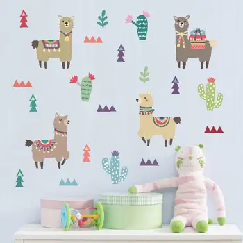Tofok Indisk Stil Alpaca Kaktus Børn Værelses Wall Stickers Tegnefilm Dyr Flytbare Decals Børnehaven Hjem Dekoration Paster