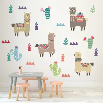 Tofok Indisk Stil Alpaca Kaktus Børn Værelses Wall Stickers Tegnefilm Dyr Flytbare Decals Børnehaven Hjem Dekoration Paster