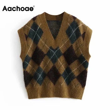 Aachoae 2020 Mode Argyle Vest Sweater Kvinder Løs Ærmeløs Vintage Plaid Pullover Toppe Casual V Neck Strikket Vest