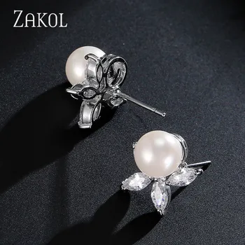 ZAKOL Klassiske Store Runde Simuleret Pearl Stud Øreringe til Kvinder Skinnende Zirconia Krystal Brude Wedding Party Mode Smykker
