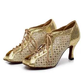 DKZSYIM damer party dance sko PU bløde bund + mesh Latin dance sko damer salsa dance sko sølv/guld/sort hæl 6-10 cm