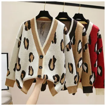 Leopard Cardigan Kvinde Sweater Med Lange Ærmer V-Hals Oversize Cardigan I Strik Streetwear Kvinder Vinter Sweater Casual Outwear