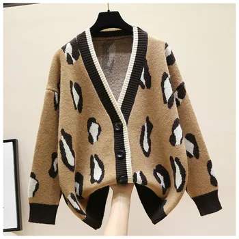 Leopard Cardigan Kvinde Sweater Med Lange Ærmer V-Hals Oversize Cardigan I Strik Streetwear Kvinder Vinter Sweater Casual Outwear