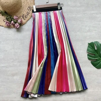 Kvinder Lange Nederdele Stribet Udskrivning Plus Size Rainbow Plisserede Nederdele med Høj Talje Mode A-linje Midi-Nederdele