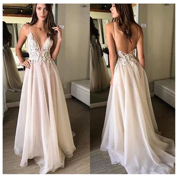 Beach Wedding Dress 2020 Pink Spaghetti-Stropper Med Fine Pynt Sexy Bride Dress Backless Vestido De Novia Playa 19051