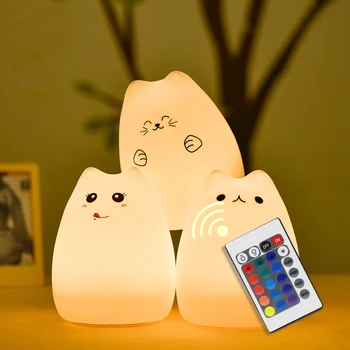 Touch Sensor Farverige Kat LED Nat Lys Fjernbetjening Dæmpbar USB-Genopladelige Tegnefilm Silikone Lampe for Børn Baby