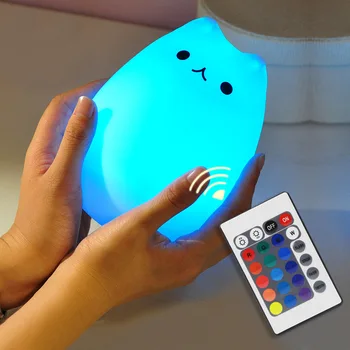 Touch Sensor Farverige Kat LED Nat Lys Fjernbetjening Dæmpbar USB-Genopladelige Tegnefilm Silikone Lampe for Børn Baby