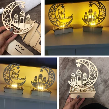 Hule Månen Mønster LED Lys Træ-DIY-Lampe til Ramadanen, EID Mubarak Islam Muslimske Håndværk Hjem Dekoration Festival Part Forsyninger