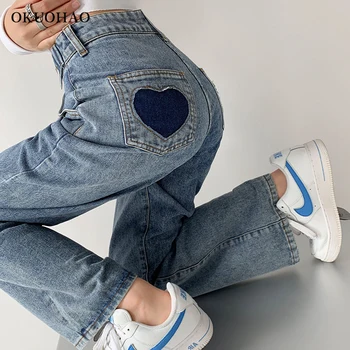 Okuohao Mode Mødre Baggy Jeans Med Høj Talje Boyfriend Jeans For Kvinder Med Bred Ben Y2k Bukser Løs Hjerte Lommer Casual Bukser Nye