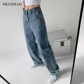 Okuohao Mode Mødre Baggy Jeans Med Høj Talje Boyfriend Jeans For Kvinder Med Bred Ben Y2k Bukser Løs Hjerte Lommer Casual Bukser Nye