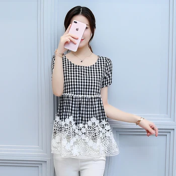 Mode kortærmet Ternet Tøj Kvinder Toppe og Bluse 2020 koreanske Sommeren Hule Ud Lace Tops Vintage Tøj 8667 50