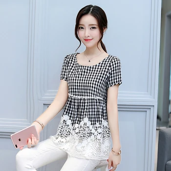 Mode kortærmet Ternet Tøj Kvinder Toppe og Bluse 2020 koreanske Sommeren Hule Ud Lace Tops Vintage Tøj 8667 50