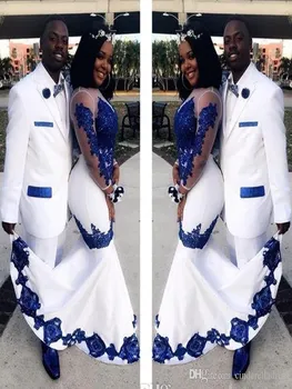 2020 Ny Hvid Satin Royal Blue Lace Aso Ebi Afrikanske Prom Kjoler, Lange Illusion Ærmer Applikeret Aften Formelle Kjoler Festspil