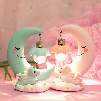 Romantisk LED Unicorn Moon Night Light Barn Pige Soveværelse sengelampe til Baby, Børn Tegnefilm Fødselsdag Julegave Dekorationer