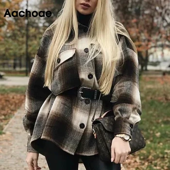 Aachoae Kvinder Streetwear Plaid Jakke Batwing Lange Ærmer Løs Frakke Kontor Casual Lomme Toppe Dame Overtøj Efterår, Vinter