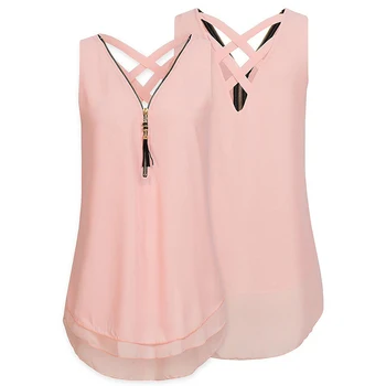 Sommeren 2019 Plus Size Lynlås V-Hals, Slank Afslappet Kvinder Toppe Fast Fashion Damer Chiffon Bluse Shirt Sort Pink Blusas Tøj