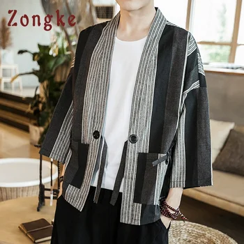 Zongke Stribet Kimono Cardigan Pels Japansk Kimono Mænd Jakke Streetwear Tøj Herre Kimono Jakke Mænd Hip Hop 2021 Foråret