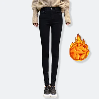 Vinteren kvinders grundlæggende Tyk varm denim bukser Casual strække tynde blyant jeans Mode mors slanke talje varm stor størrelse jeans 19359