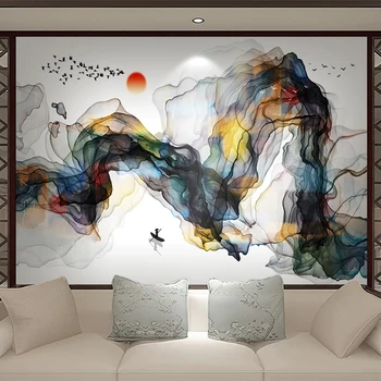 Brugerdefinerede Foto Tapet 3D-Ny Kinesisk Stil Vægmaleri Abstrakte Røg Blæk Landskab Undersøgelse, Stue med Sofa, TV Baggrund Wall Paper