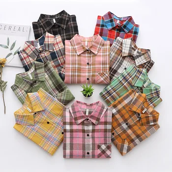 Skjorter Kvinder Plaid Enkelt Breasted Enkel Alle-match 30 Farver Ene Lomme Løs Kvindelige Kontrolleret Shirt koreansk Stil Trendy Dagligt