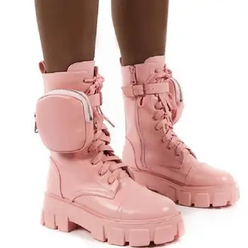 2020 Efterår og Vinter Bootie Lomme Spænde Remmen Pink Chunky Støvler og Læder Patchwork Ankomst Platform, Støvler, Mid læggen Cross-bundet