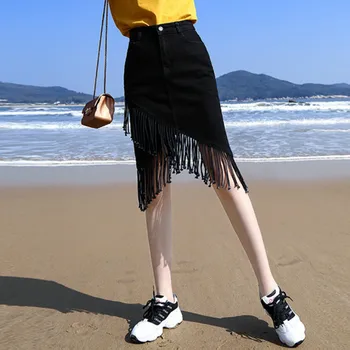 Faldas mujer moda 2019 kvinder stilfuld sort denim midi-nederdel kvaster knapper flyve design lommer kvindelige solid smarte nederdele