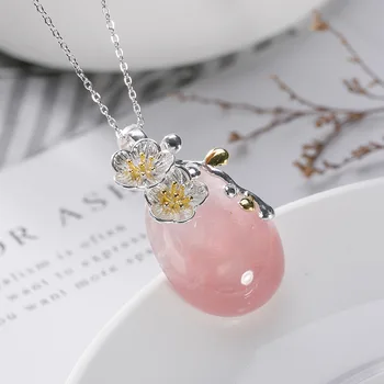 925 Sterling Sølv, Guld Farve Naturlige Pink Krystal Halskæde til Kvinder Bryllup Plum Blossom Fine Smykker