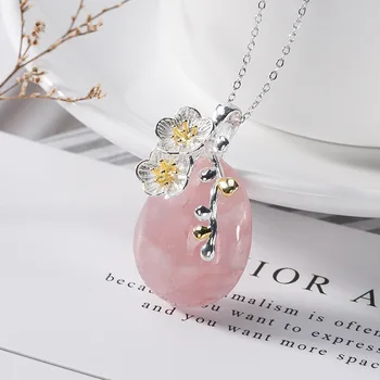 925 Sterling Sølv, Guld Farve Naturlige Pink Krystal Halskæde til Kvinder Bryllup Plum Blossom Fine Smykker