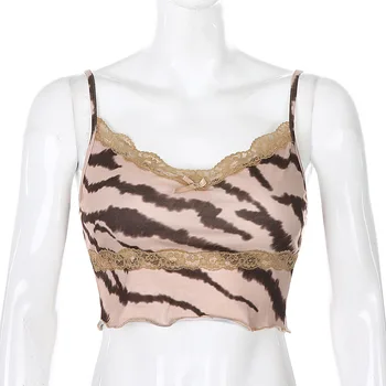 Camisole Tank Top Leopard dyreprint Stretch Lace Trim Patchwork Cami Sexede Kvinder er Sommer Cropped Top Streetwear t-Shirts