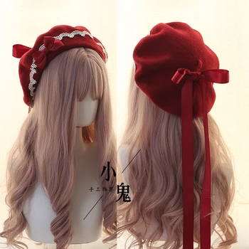 Japansk Håndlavede Blonder Bue Bånd Sød Beret Uld Varme Maler Hat Mori Girl Dejlige Lolita Efterår Og Vinter Retro Pandekage Cap