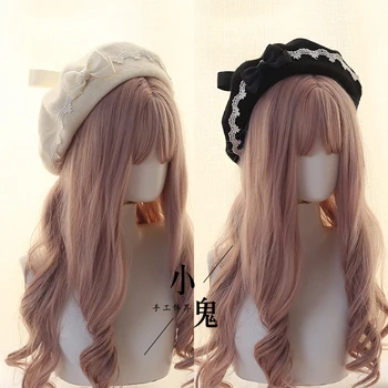 Japansk Håndlavede Blonder Bue Bånd Sød Beret Uld Varme Maler Hat Mori Girl Dejlige Lolita Efterår Og Vinter Retro Pandekage Cap