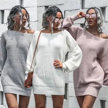 Off-the-skulder Lanterne Ærme Strikket Sweater Kjole 2021 Mode Afslappet Høj Talje Kjole spring Nye Kjoler til Kvinder