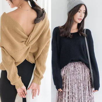 TEXIWAS 2018 nye Positive og negative bære lange ærmer V-hals sweater mode multi-farve off skulder tøj til kvinder 19872
