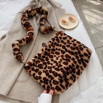 2019 Nye Faux Fur Crossbody Tasker Til Kvinder Vinteren Leopard Skulder Messenger Taske Lady Varm Håndtasker Piger Julegave