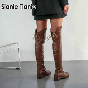Sianie Tianie løs vinter støvler kvinder med chunky hæle cowgirls overknee over-the-knæ høje støvler med blonder, flæser støvler sko