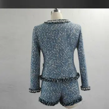 Blå tweed jakke +nederdele passer beaded Elegante foråret / efteråret ny avanceret tilpasning Tunge jakke frakke / shorts, der passer