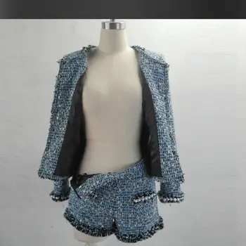 Blå tweed jakke +nederdele passer beaded Elegante foråret / efteråret ny avanceret tilpasning Tunge jakke frakke / shorts, der passer