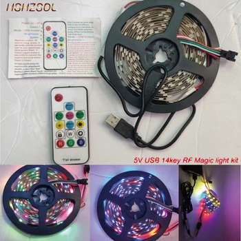 USB 5V 14key RF-trådløs kontrol-LED Strip sæt Multi farve Drøm Farve WS2812 RGB Strip SMD5050 Belysning med Fjernbetjening 21103