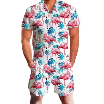 Mænd buksedragt Korte Ærmer sæt Sommeren Afslappet Knappen Jumpsuits Overalls flamingo pinapple print Casual Tøj mono hombre