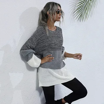 Forår og efterår tynd rund hals pullover, sweater, lange ærmer i kontrast sweater kvinder 2020 nye mode mid-længde afslappet top