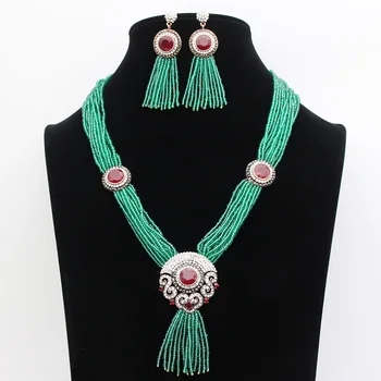 Vintage Tyrkiske Kvinder Rød Perle Harpiks Blomst Smykke Sæt Lange Kvaster Øreringe Multi Kæde Indien Brud Bijoux Gave 21381