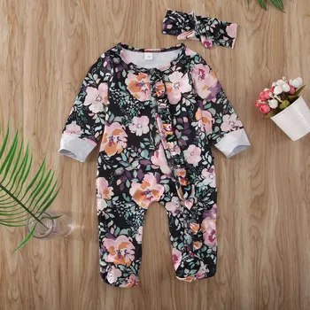 Søde Nyfødte Baby Piger Drenge 0-6M Footies Blomstret Print, Lange Ærmer Flæser Enkelt Breasted Playsuit Hovedbøjle Tøj Tøj